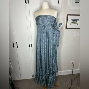 Jenny Han Blue Green Pattern Strapless Maxi Dress with Tie Detail
